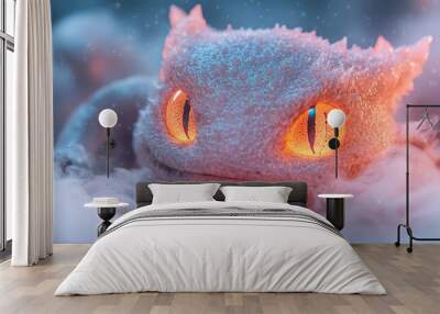  A tight shot of a feline's face in a misty, snow-covered landscape with glowing eyes Wall mural