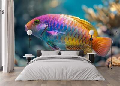   A tight shot of a fish against a backdrop of various corals in the water Wall mural