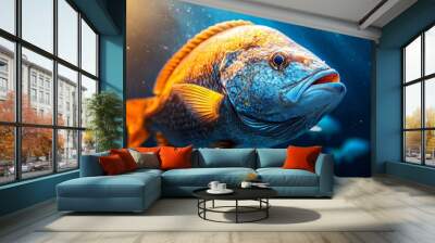  A tight shot of a fish submerged, illuminated by a sideways light in its watery environment Wall mural