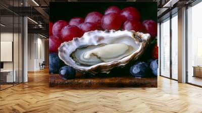  A tight shot of a fruit shell on a table, showcasing grapes and strawberries nearby Wall mural