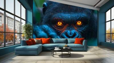  A tight shot of a gorilla's face with radiant orange eyes and emerald leaves in the foreground Wall mural