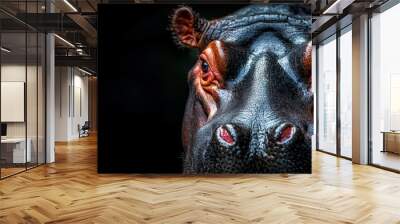  A tight shot of a hippo's face, its eyes glowing red against a pitch-black background Wall mural