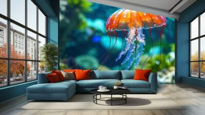  A tight shot of a jellyfish in an aquarium, surrounded by corals and algae in the water Wall mural