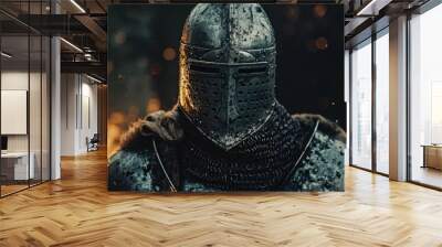  A tight shot of a knight's helmet against a dark backdrop, surrounded by intense fires in the distance Wall mural