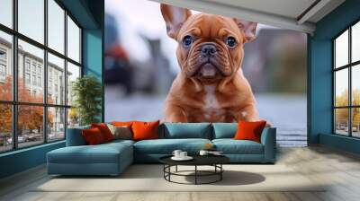  A tight shot of a little dog resting on a brick floor beside a parked vehicle in the urban landscape Wall mural