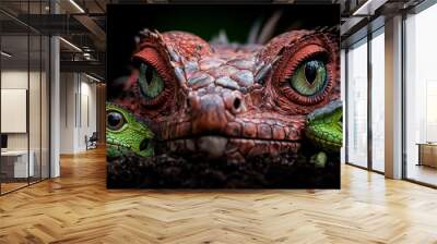  A tight shot of a lizard's visage with two miniature lizards in its midst Wall mural