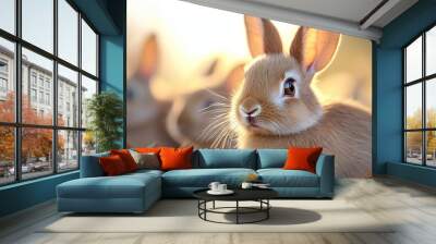  A tight shot of a rabbit in a lush grass field, gazing at the camera, while another rabbit is visible in the background, observing as well Wall mural