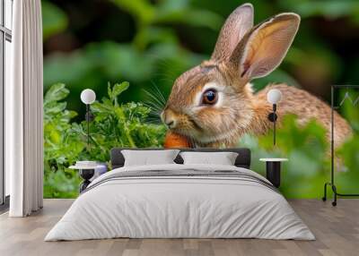  A tight shot of a rabbit nibbling on a carrot against a backdrop of green and purple blooms in the foreground Wall mural