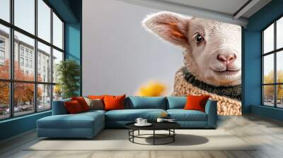  A tight shot of a sheep donning a sweater adorned with sunflowers against a gray backdrop, contrasting with a pristine white foreground Wall mural