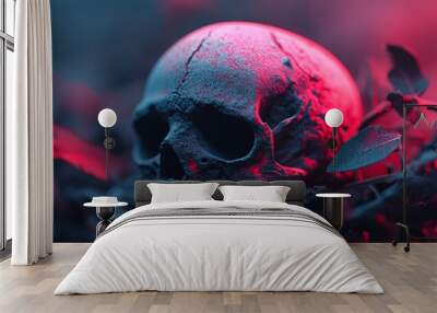  A tight shot of a skull amidst a sea of green grass Above it, crimson light emanates from the skull's peak Wall mural