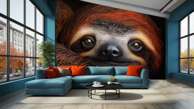  A tight shot of a sloth's face, featuring long, brown and white fur on its back Wall mural