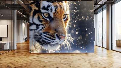  A tight shot of a tiger's face with snowflakes falling behind its ears Wall mural