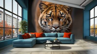  A tight shot of a tiger's focused face, overlaid with a softly blurred representation of its own visage in the backdrop Wall mural