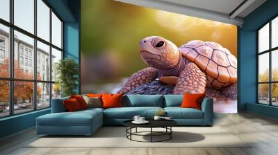  A tight shot of a tiny turtle atop a rock, submerged in a water body Sunlight illuminates the scene from behind Wall mural