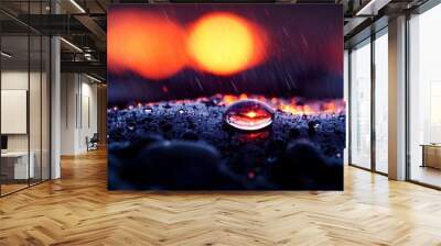  A tight shot of a water droplet on a texture, sunlight in the haze behind, distant and blurred Wall mural