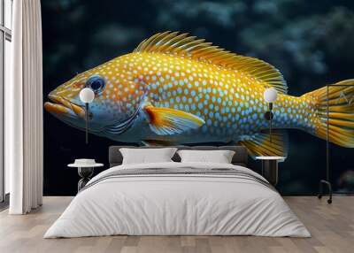   A tight shot of a yellow-blue fish against black backdrop, adorned with white specks Wall mural