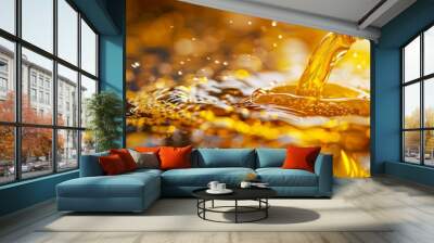  A tight shot of liquid flowing from a bottle into a body of water, surrounded by gold flakes Wall mural