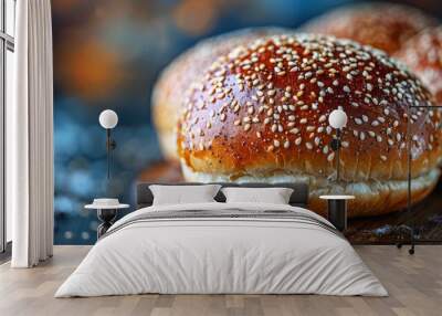   A tight shot of two bun tops, each sprinkled with sesame seeds, atop a weathered wood board on a table Wall mural