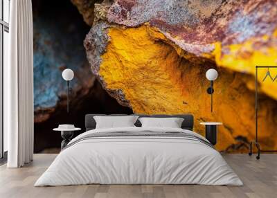  A tight shot of two rocks, one bearing yellow and blue paint, the other sporting blue and yellow hues Wall mural