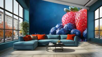  A tight shot of two strawberries and blueberries against a backdrop of a black surface and a blue background, each adorned with droplets of water Wall mural