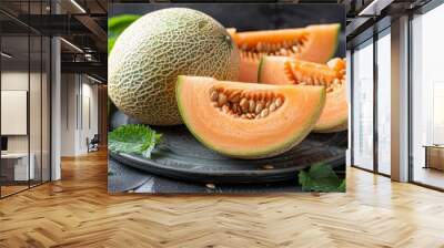   A watermelon sliced in two with fresh mint leaves adorning the plate Wall mural