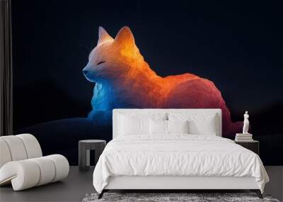  A white cat atop a sandy beach, beside a blue-red beacon against a black backdrop Wall mural