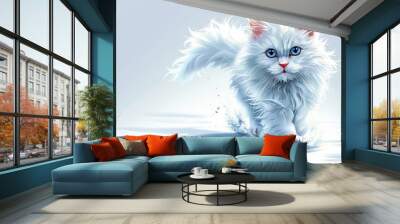   A white cat with blue eyes wades through water, creating a ripple effect Surrounding the feline is a splash of water Wall mural