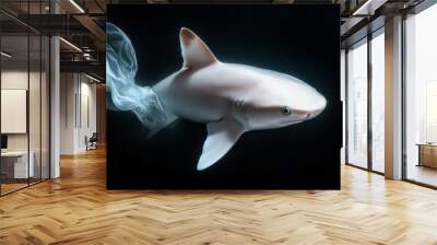  A white shark against a black backdrop, emitting smoke from its open jaws, with a cigarette dangling from its mouth Wall mural