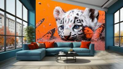  A white tiger with blue eyes and a butterfly atop its back against an orange background Wall mural