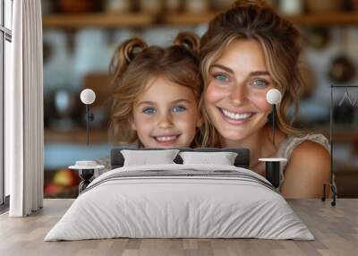  a woman and a little girl posing for a picture in front of a shelf full of kitchen utensils and a bowl of fruit on the side of the table. Wall mural