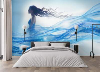   A woman in a blue dress faces the wind, her hair billows around her head, against a blue and white background Wall mural