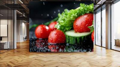  A wrap filled with lettuce, tomatoes, cucumbers, and lettuce on a dark surface (Two instances of lettuce changed to greens for variation Wall mural