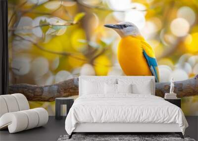  A yellow-and-blue bird perches on a green-and-yellow tree branch The background features a tree with white and yellow leaves Wall mural