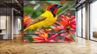  A yellow bird sits on a tree branch, surrounded by red flowers in the foreground The background softly blends into a sea of green and red leaves Wall mural