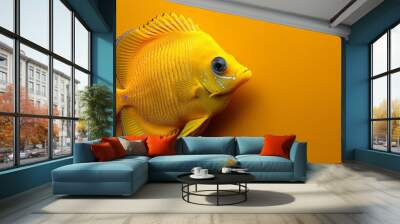   A yellow fish, closely depicted, rests atop a uniform yellow background A distinct black spot adorns its lateral flank Wall mural