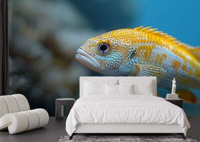   A zoomed-in image of a yellow and white fish swimming near colorful coral reefs surrounded by clear water Wall mural