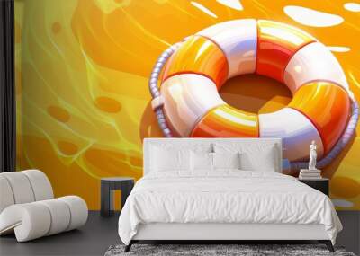   An orange and white life preserver floats on a yellow-orange water surface, filled with bubbles Wall mural