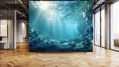  an underwater view of a cave with sunlight streaming through the water.  generative ai Wall mural