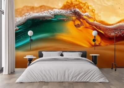  Close-up of a yellow and orange wave background with a water splash at its base, displaying a prominent wave Wall mural