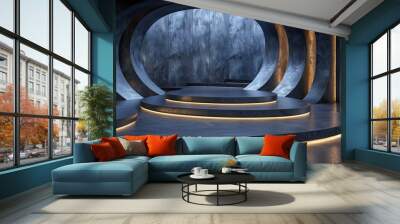   In a dark room, there are two sets of steps, each concluding with a circular light Wall mural