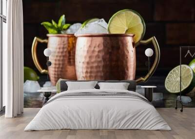  The image features a table with two copper mugs of ice and lime drinks sitting on it. The mugs are filled with a mixture of. Wall mural