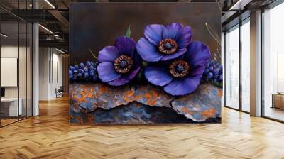  Three purple flowers atop a rock amidst a grassy field filled with purple blooms Wall mural