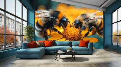  Two bees on a yellow flower amidst yellow and blue blurs Wall mural