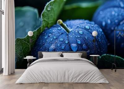  Two blue pumpkins in close-up, decorated with water droplets A solitary green leaf nearby Wall mural