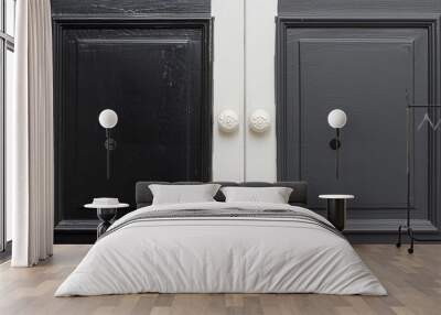   Two doors, each with two white knobs contrasting against black and white surfaces Wall mural