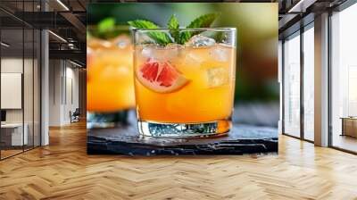  Two glasses of watermelon-mint drink on a weathered wood table against a lush green background Wall mural