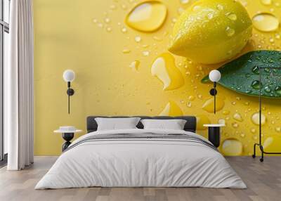  Two lemons and a green leaf on a yellow surface with water drops on the leaves and surface, and water beads on the drops and yellow expanse Wall mural