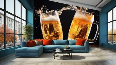  two mugs of beer with water splashing out of the top and on the bottom of the mugs. Wall mural