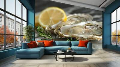   Two oysters atop a table, accompanied by lemon wedges and a sliced lemon Wall mural