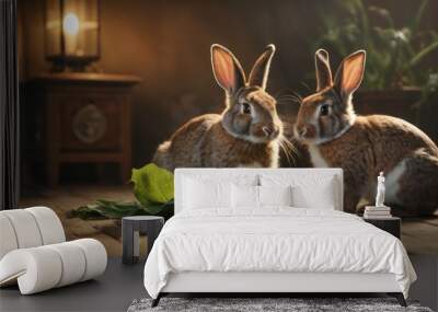  two rabbits sitting next to each other on top of a wooden floor next to a green leafy plant and a small table with a clock on it's side. Wall mural